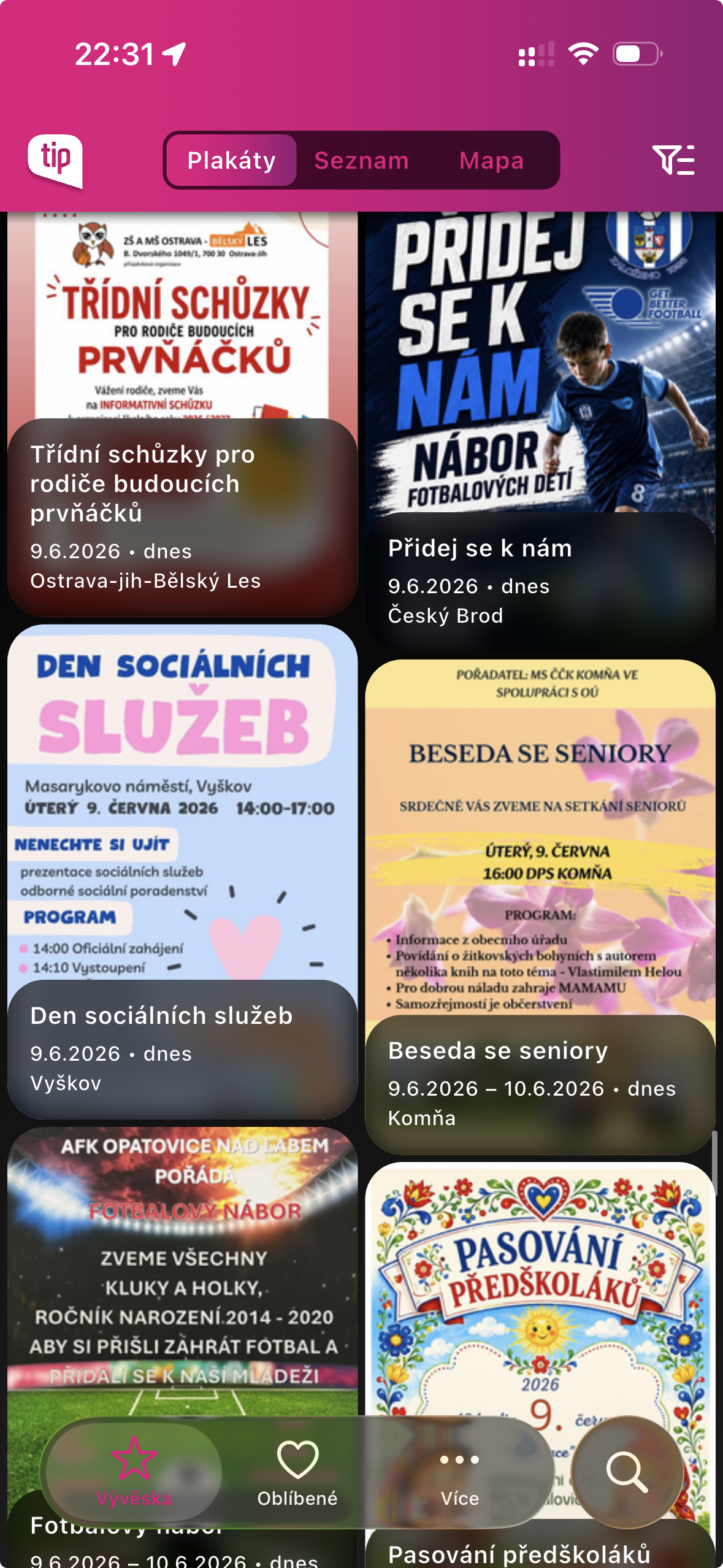 Dej tip - ukázka hlavní obrazovky aplikace